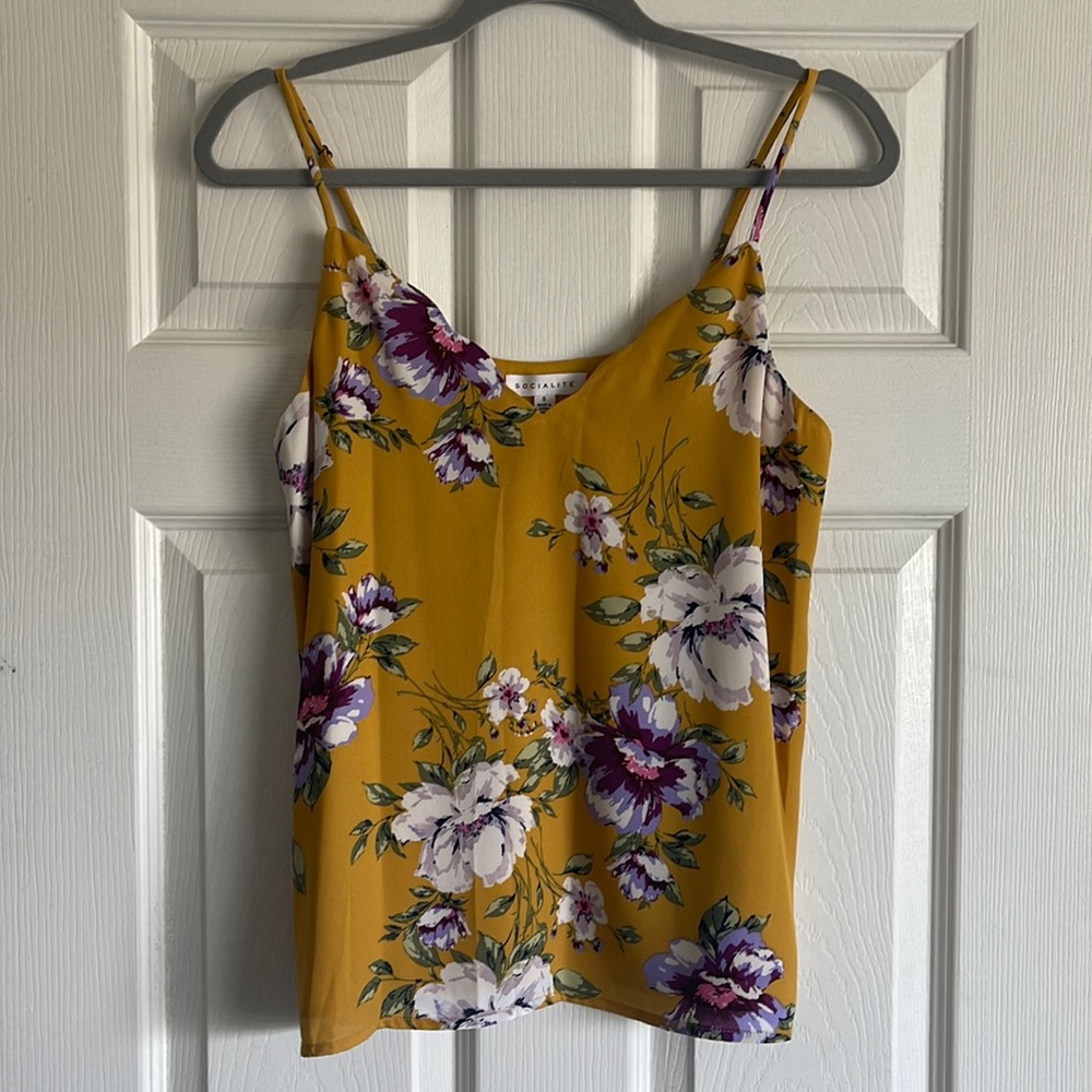 Socialite tank top in yellow with purple  florals, size S